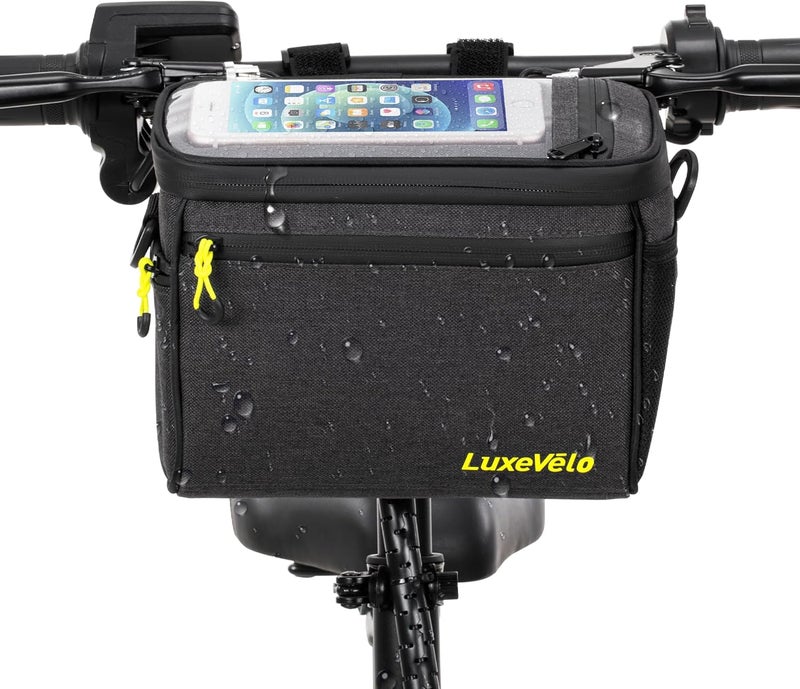 LuxeVélo Luxevelo Bike Handlebar Bag with 6" Transparent Pouch, 360° Sealed Anti-Rust/Slip Zippers & Bottle Pocket – Lightweight 3-Layer Weatherproof Design, Convertible Strap for Cycling, Commute & Travel - Image 1